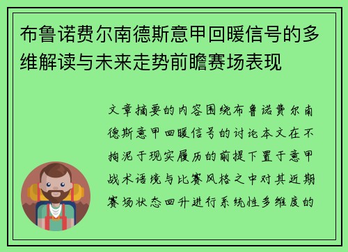 布鲁诺费尔南德斯意甲回暖信号的多维解读与未来走势前瞻赛场表现